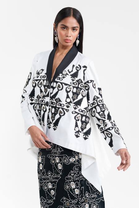 Shop_AK-OK_White Cotton Applique, Sequins, Beads V-neck Wrap Jacket With Skirt 