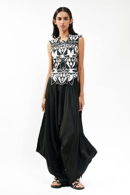 Shop AK-OK Black Lycra Applique, Beads, Embroidery Notched Neck Work Top And Trouser Set Online at Aza Fashions Shop_AK-OK_Black Lycra Applique, Beads, Embroidery Notched Neck Work Top And Trouser Set _Online_at_Aza_Fashions