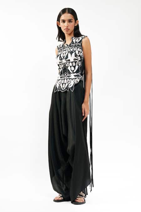 AK-OK Black Lycra Applique, Beads, Embroidery Notched Neck Work Top And Trouser Set at Aza Fashions AK-OK_Black Lycra Applique, Beads, Embroidery Notched Neck Work Top And Trouser Set _at_Aza_Fashions