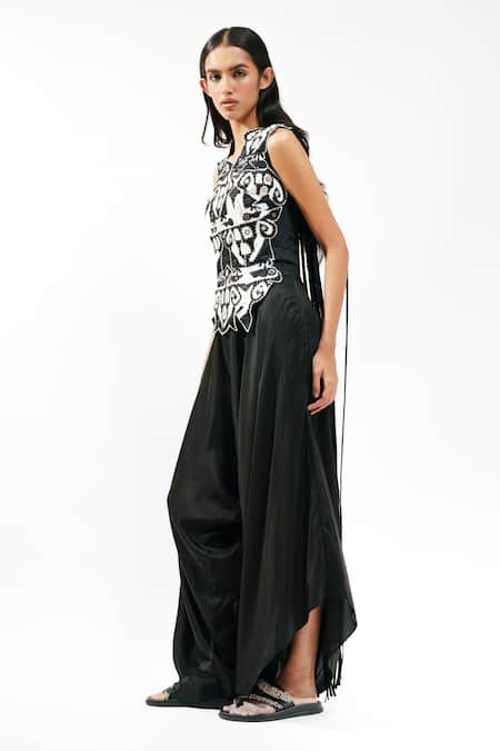 Buy AK-OK Black Lycra Applique, Beads, Embroidery Notched Neck Work Top And Trouser Set Buy_AK-OK_Black Lycra Applique, Beads, Embroidery Notched Neck Work Top And Trouser Set