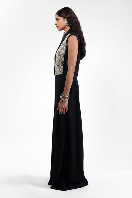 Buy_AK-OK_Black Viscose Mirrors V-neck, Collared Waistcoat With Trouser _Online_at_Aza_Fashions