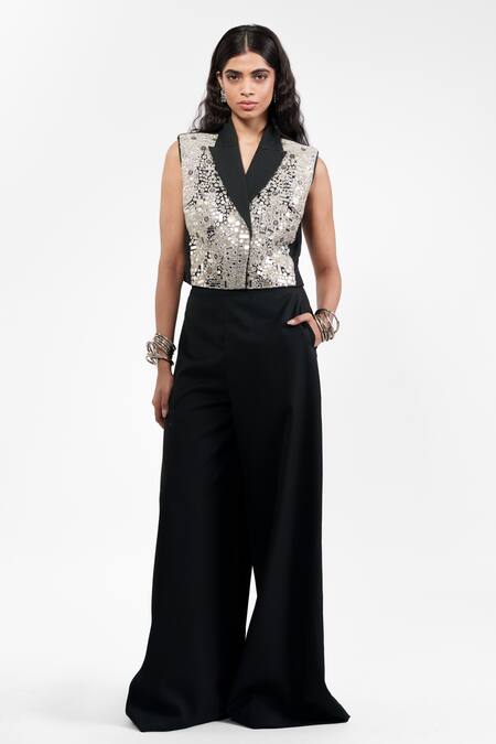 Shop_AK-OK_Black Viscose Mirrors V-neck, Collared Waistcoat With Trouser _Online_at_Aza_Fashions