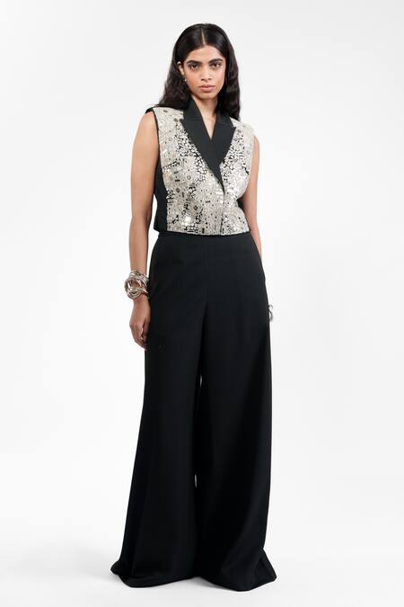 AK-OK_Black Viscose Mirrors V-neck, Collared Waistcoat With Trouser _at_Aza_Fashions