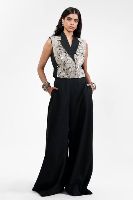 Shop_AK-OK_Black Viscose Mirrors V-neck, Collared Waistcoat With Trouser 