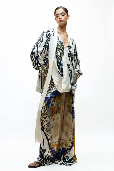 AK-OK_Ivory Silk V-neck Printed Wrap Top And Skirt Set _Online_at_Aza_Fashions