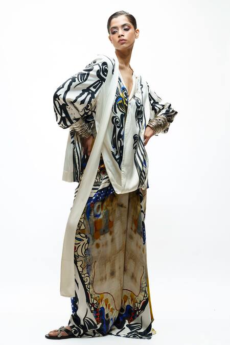 Buy_AK-OK_Ivory Silk V-neck Printed Wrap Top And Skirt Set _Online_at_Aza_Fashions