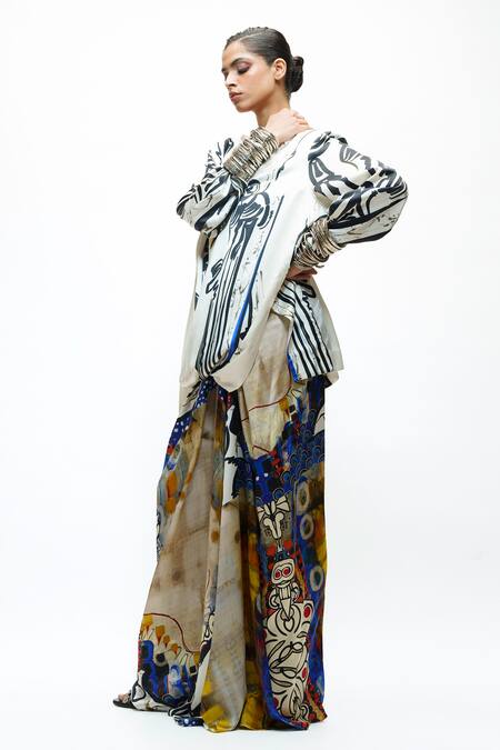 Shop_AK-OK_Ivory Silk V-neck Printed Wrap Top And Skirt Set _Online_at_Aza_Fashions