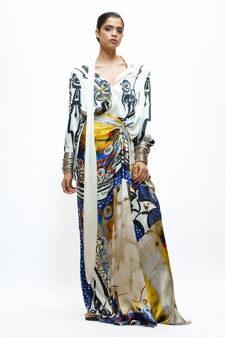 AK-OK Printed Silk Wrap Top & Skirt Set 