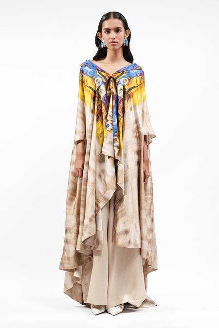 AK-OK_Ivory Silk V-, Sweetheart Printed Cape With Bra Top And Trouser _Online_at_Aza_Fashions