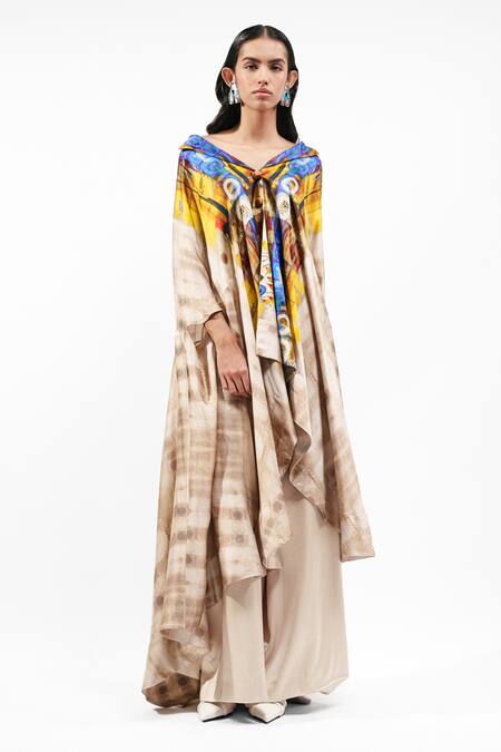 AK-OK Printed Silk Cape with Bra Top and Trouser 