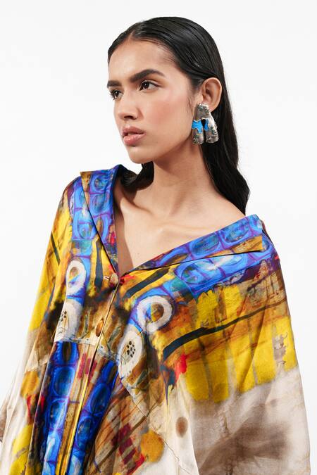 Shop_AK-OK_Ivory Silk V-, Sweetheart Printed Cape With Bra Top And Trouser _Online_at_Aza_Fashions