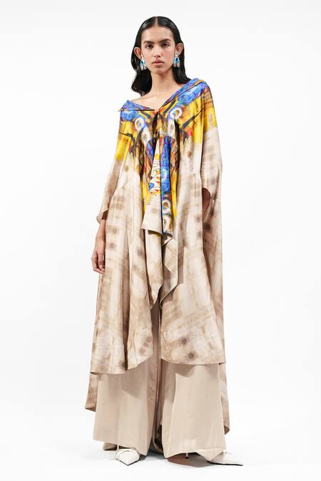 AK-OK_Ivory Silk V-, Sweetheart Printed Cape With Bra Top And Trouser _at_Aza_Fashions