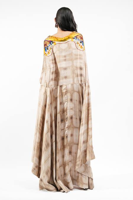 AK-OK Printed Silk Cape with Bra Top and Trouser 