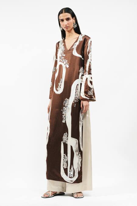 Buy_AK-OK_Brown Viscose V-neck Abstract Print Kurta And Flared Trouser _Online_at_Aza_Fashions