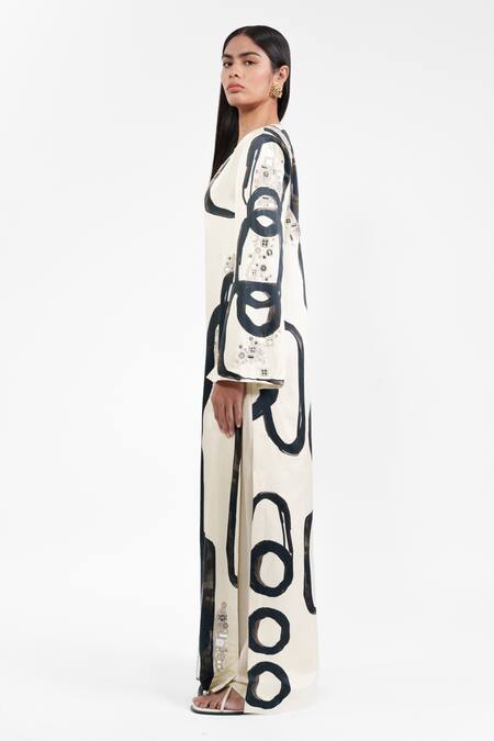 AK-OK_Ivory Viscose Sequins V-neck Abstract Print Kurta And Flared Trouser _Online_at_Aza_Fashions