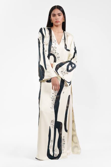 Buy_AK-OK_Ivory Viscose Sequins V-neck Abstract Print Kurta And Flared Trouser _Online_at_Aza_Fashions