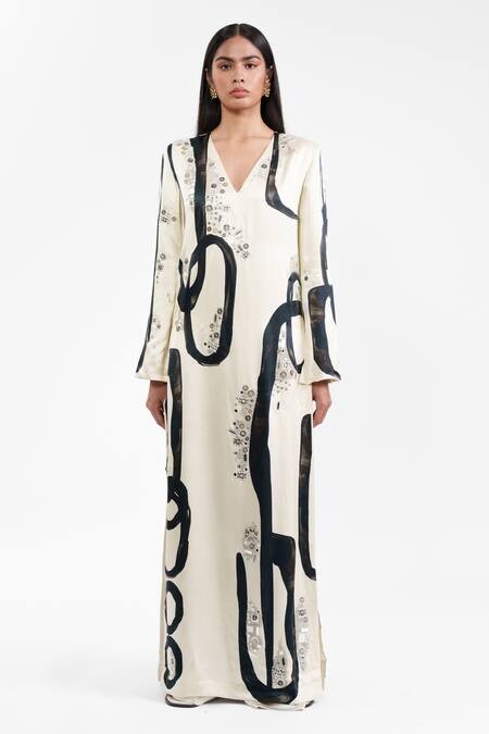 Shop_AK-OK_Ivory Viscose Sequins V-neck Abstract Print Kurta And Flared Trouser _Online_at_Aza_Fashions