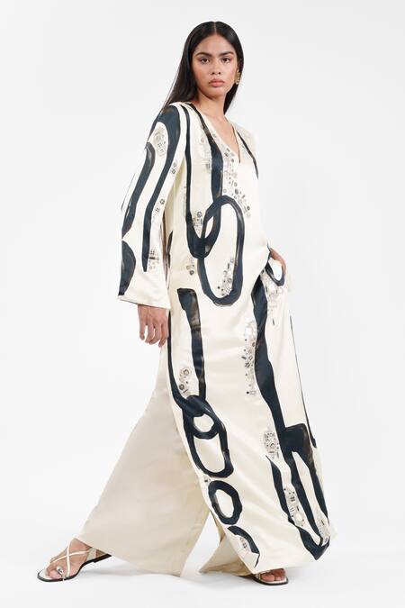 Buy_AK-OK_Ivory Viscose Sequins V-neck Abstract Print Kurta And Flared Trouser 