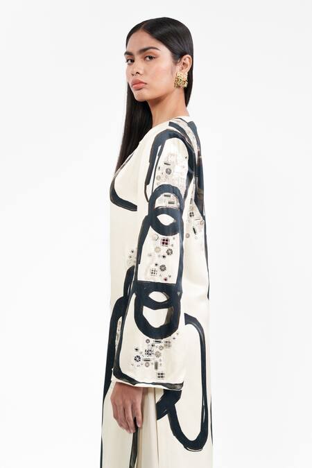 Shop_AK-OK_Ivory Viscose Sequins V-neck Abstract Print Kurta And Flared Trouser 