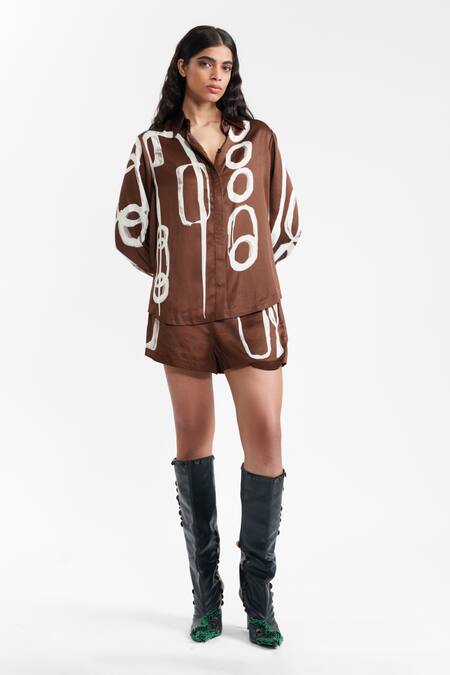 AK-OK_Brown Viscose Collared, V-neck Abstract Printed Silk Shirt And Skirt _Online_at_Aza_Fashions