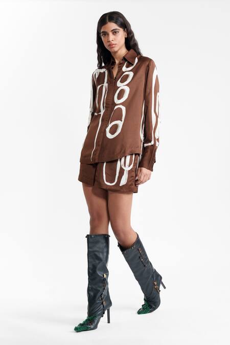 Buy_AK-OK_Brown Viscose Collared, V-neck Abstract Printed Silk Shirt And Skirt _Online_at_Aza_Fashions