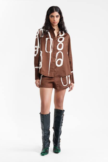 Shop_AK-OK_Brown Viscose Collared, V-neck Abstract Printed Silk Shirt And Skirt _Online_at_Aza_Fashions