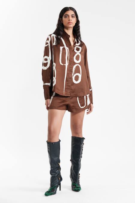 AK-OK_Brown Viscose Collared, V-neck Abstract Printed Silk Shirt And Skirt _at_Aza_Fashions