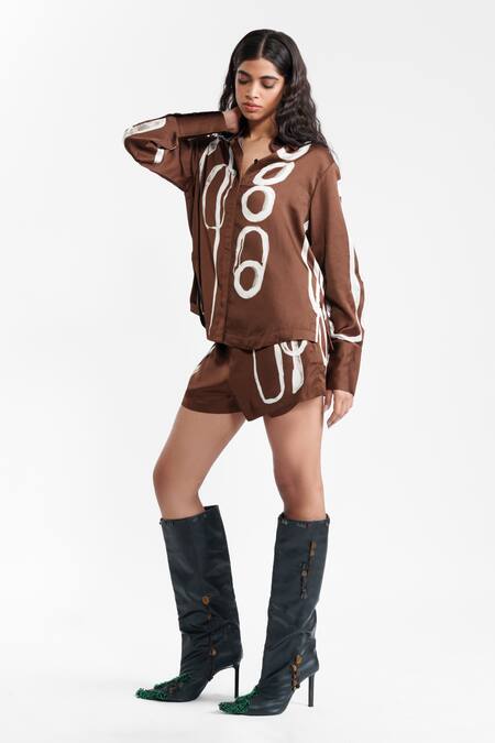 Buy_AK-OK_Brown Viscose Collared, V-neck Abstract Printed Silk Shirt And Skirt 