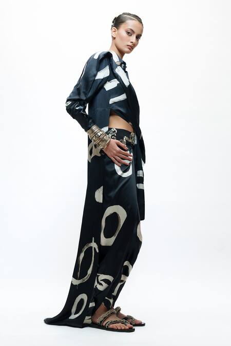 AK-OK_Black Silk Collared Abstract Shirt With Dhoti Pants _Online_at_Aza_Fashions
