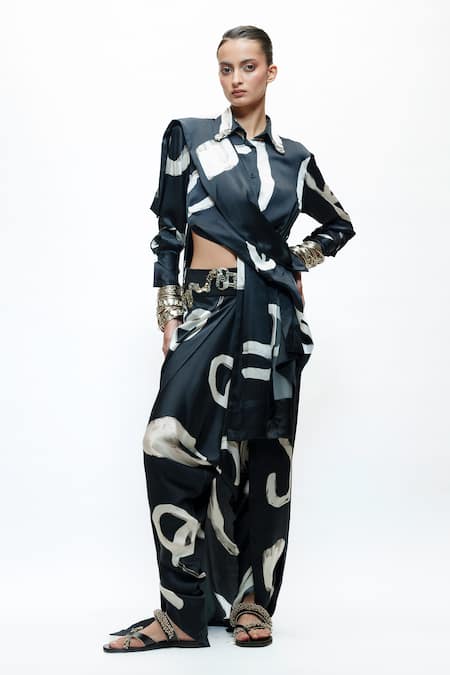 AK-OK Silk Abstract Shirt with Dhoti Pants 