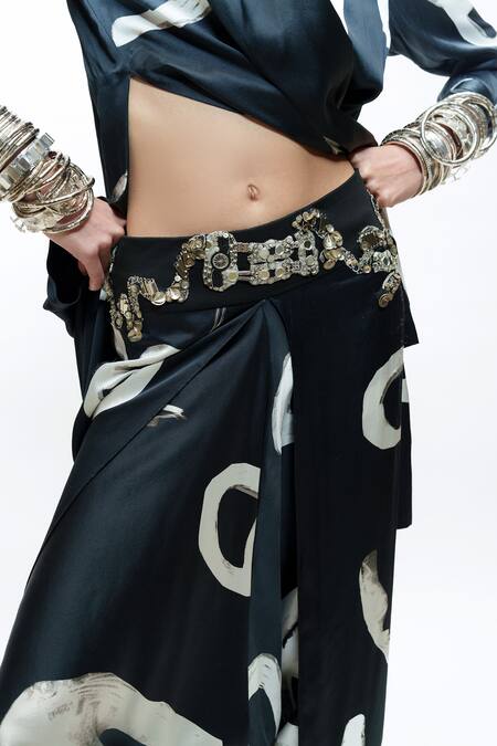 Buy_AK-OK_Black Silk Collared Abstract Shirt With Dhoti Pants _Online_at_Aza_Fashions