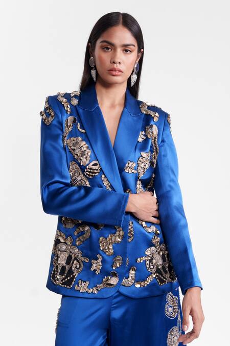 Buy_AK-OK_Blue Silk Sequins, Beads, Metallic Thread Embroidered Statement Blazer _Online_at_Aza_Fashions