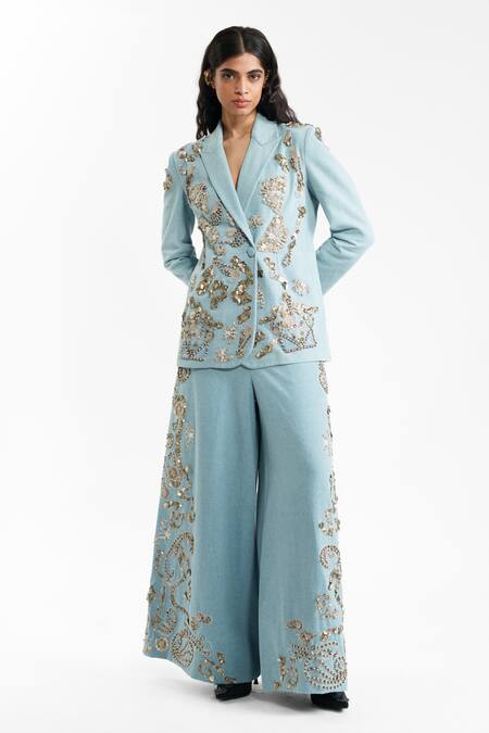AK-OK_Blue Denim Embroidery, Sequins Blazer _Online_at_Aza_Fashions
