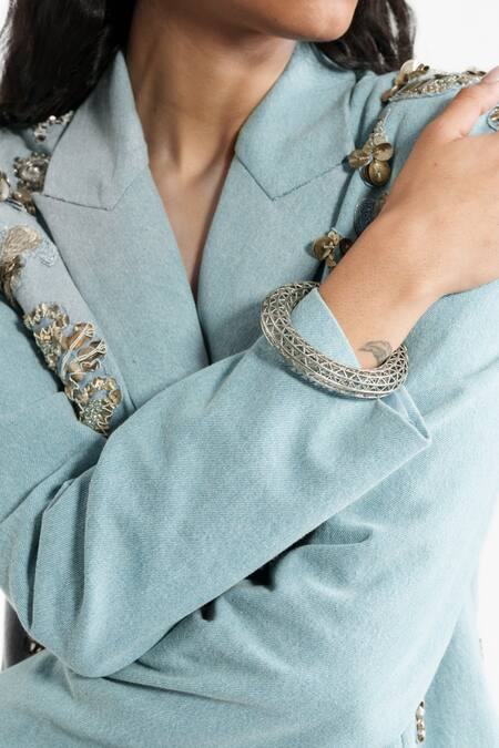 AK-OK_Blue Denim Embroidery, Sequins Blazer _at_Aza_Fashions