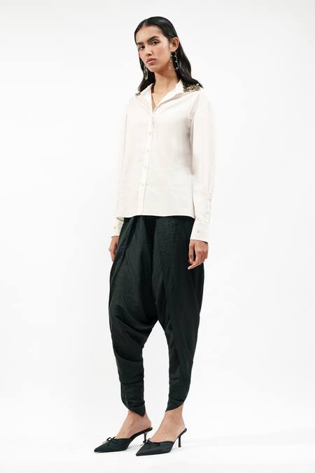 AK-OK_White Cotton, Silk Metallic Thread Collared, V-neck Shirt With Dhoti Pants _Online_at_Aza_Fashions