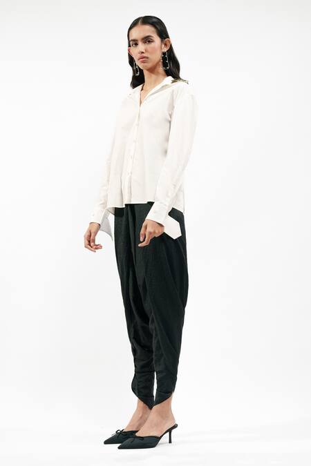 Buy_AK-OK_White Cotton, Silk Metallic Thread Collared, V-neck Shirt With Dhoti Pants _Online_at_Aza_Fashions