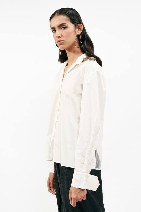 Shop_AK-OK_White Cotton, Silk Metallic Thread Collared, V-neck Shirt With Dhoti Pants _Online_at_Aza_Fashions