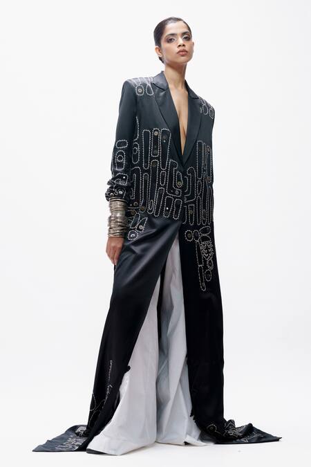 AK-OK_Black Silk Applique, Embroidery V-neck Tribal Dori Long Jacket _Online_at_Aza_Fashions