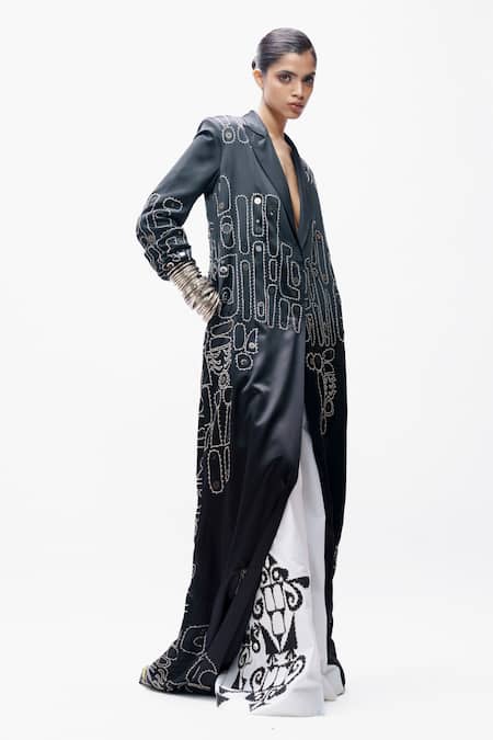 Buy_AK-OK_Black Silk Applique, Embroidery V-neck Tribal Dori Long Jacket _Online_at_Aza_Fashions