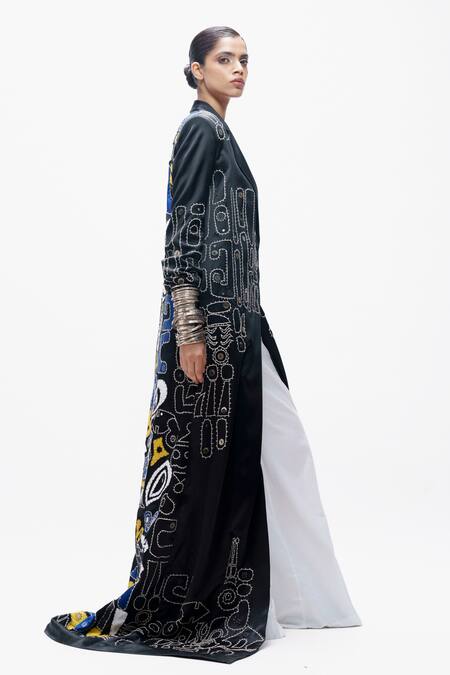 Shop_AK-OK_Black Silk Applique, Embroidery V-neck Tribal Dori Long Jacket _Online_at_Aza_Fashions