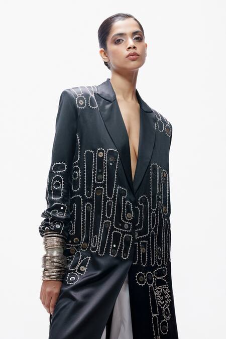 AK-OK_Black Silk Applique, Embroidery V-neck Tribal Dori Long Jacket _at_Aza_Fashions