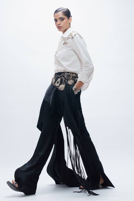 AK-OK_White Viscose Embroidery, Beads, Metallic Thread, Fringe Shirt And Pant Set _Online_at_Aza_Fashions