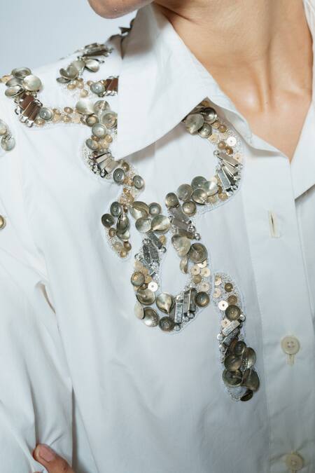 Buy_AK-OK_White Viscose Embroidery, Beads, Metallic Thread, Fringe Shirt And Pant Set _Online_at_Aza_Fashions