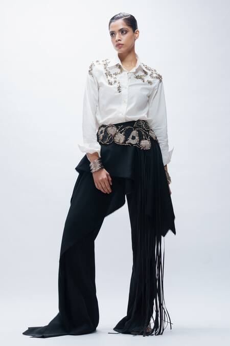 Shop_AK-OK_White Viscose Embroidery, Beads, Metallic Thread, Fringe Shirt And Pant Set _Online_at_Aza_Fashions