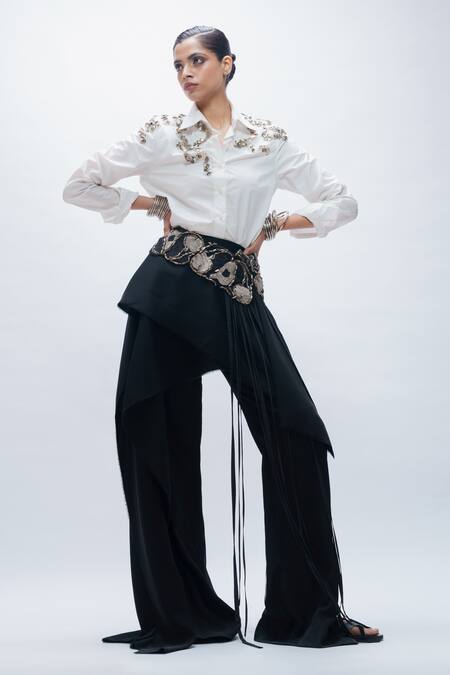 AK-OK_White Viscose Embroidery, Beads, Metallic Thread, Fringe Shirt And Pant Set _at_Aza_Fashions