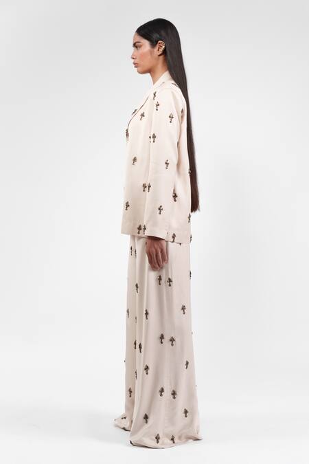 AK-OK_Ivory Viscose Embroidery Blazer And Trouser Set _Online_at_Aza_Fashions