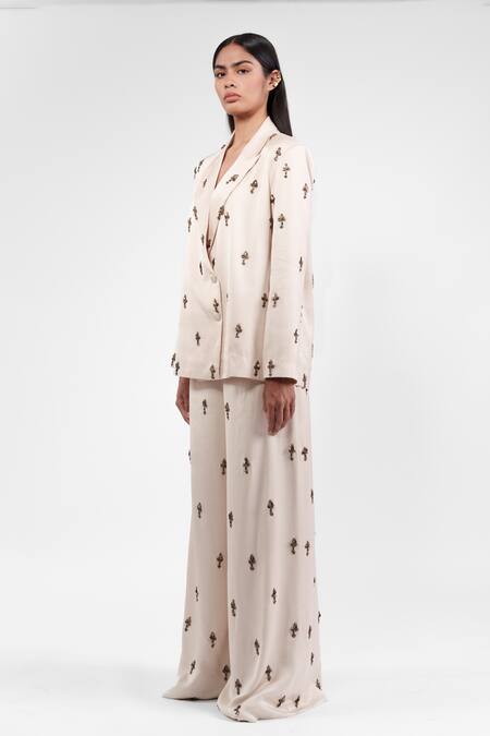 Buy_AK-OK_Ivory Viscose Embroidery Blazer And Trouser Set _Online_at_Aza_Fashions