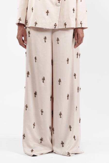 Shop_AK-OK_Ivory Viscose Embroidery Blazer And Trouser Set _Online_at_Aza_Fashions