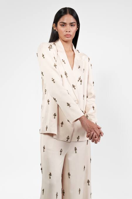 AK-OK_Ivory Viscose Embroidery Blazer And Trouser Set _at_Aza_Fashions