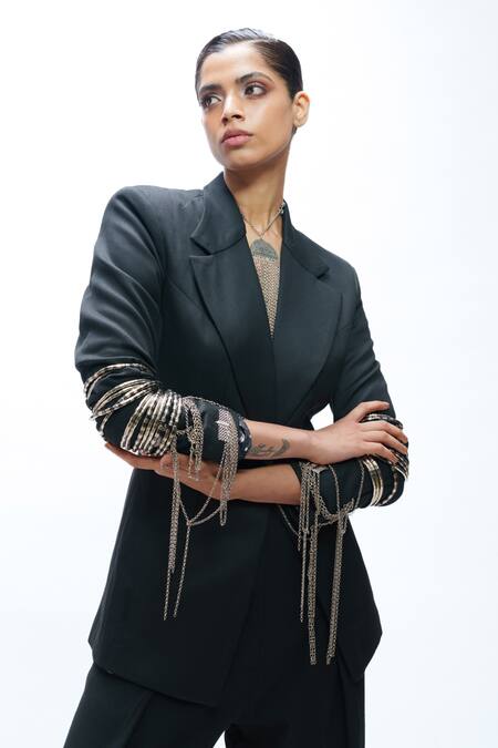 AK-OK_Black Viscose Chains, Gemstones Jewel Embellished Blazer And Trouser Set _Online_at_Aza_Fashions